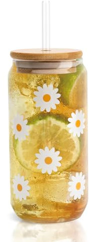 APOMOONS 480 ml Vaso De Vidrio Con Tapa Y Pajita Vaso De Estética Vasos, Vasos De Matcha Estética Chica Limpia, Ideal Para Batidos Y Bebidas