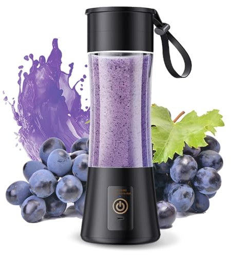 Portable Blender, Bottle for Smoothies and Shakes, Mini Blender for Travel, Office, 2000 mAh, USB Rechargeable, 380 ml, 6 Blades, Black