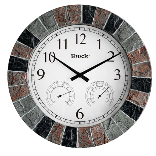 Kmok 13.5 Faux Slate Waterproof Indoor/Outdoor Wall Clock with Thermometer & Hygrometer – Silent Battery-Operated Round Decorative Timepiece for Patio & Home (Grey/Red/Black Frame)