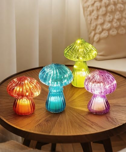 Yeomoo 4er Set Glas Pilz Deko Lichter mit Warmem LED-Licht - Stimmungslicht Led Deko für Wohnzimmer Schlafzimmer Lampe - Lustige Geschenk für Frauen, Mama, Männer Schreibtisch Balkon Dekoation
