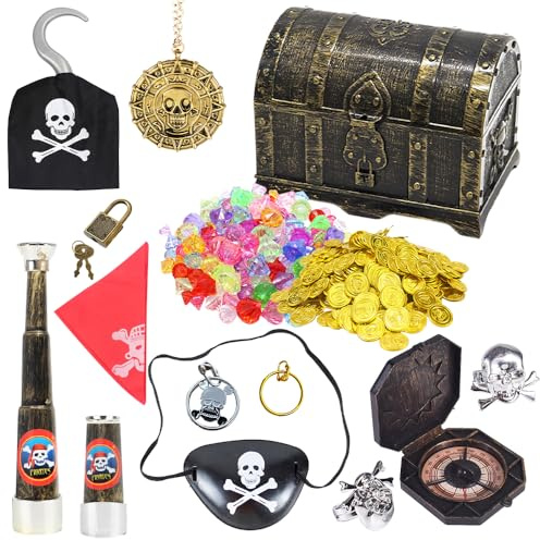 WDKXCN Pirate Treasure Chest, Treasure Chest Kids with Gold Coins, Fake Gems, Compass, Telescope and Pirate Accessories, Treasure Box, Pirate Chest Kids for Pirate Party, Hunting