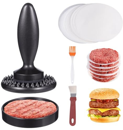 yeeplant Pressa antiaderente per hamburger con stampo, spatola, spazzola, 100 fogli, in lega di alluminio, lavabile in lavastoviglie