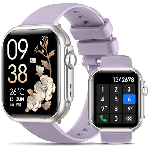 BANLVS Smartwatch Damen mit 1000mAh Akku, 1,85’’ AMOLED Fitnessuhr Damen mit Telefonfunktion/5ATM Wasserdicht/120+ Sportmodi/Herzfrequenz/SpO2/Blutdruck, Smartwatch für Android iOS, Lila