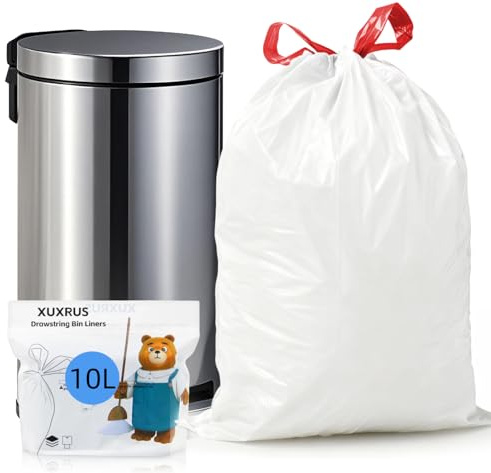 XUXRUS Bolsas de basura pequeñas con cordón, 10 l, para cubos de basura de 5 a 8 litros, color blanco, resistentes a desgarros, 60 unidades