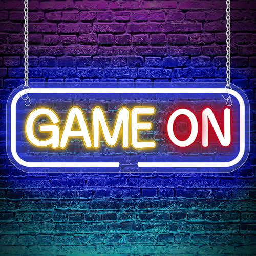 XPJBKC Game on Neon Sign, USB Powered Led Game On Neon Light Sign with Switch, Metal Chain, Adhesive Hooks, Screw, Acrylic Gaming Led Lights for Bedroom GameRoom Living Room Bar Party Decor