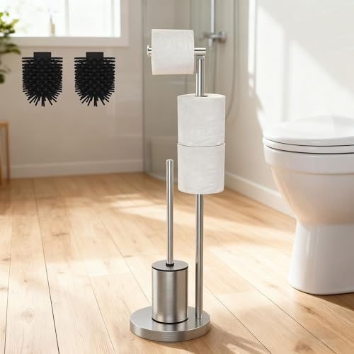 DIYGEEK Porta Carta Igienica da Terra con 2 Scopino, Piantana Portarotolo per Bagno WC con Base Stabile, Spazio per 2 Rotoli di Riserva, Argento Spazzolato, Acciaio Inox, 70 x 21 x 21 cm