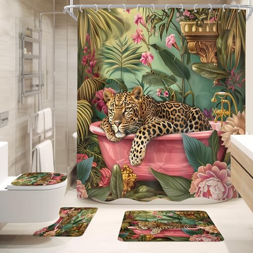 Cinbloo 4Pcs Leopard Shower Curtain Set, Vintage Cheetah in Bathtub Bathroom Curtain with Rug, Toilet Lid Cover, Bath Mat, Hot Pink Jungle Animal Plant Tropical Leaves Shower Curtain with 12 Hooks