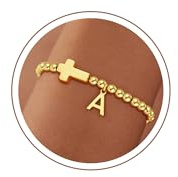 SLOONG Armband Damen Gold Silber, 18K Gold/Silber Vergoldet Cross Armband mit Buchstaben Armbänder Personalisiert Armkette Geschenke für Mädchen Freundin Frauen