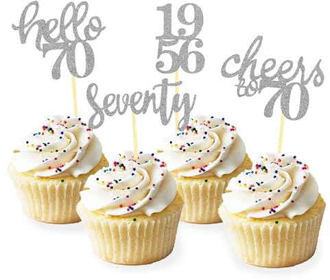 24 Pcs Glitter 70th Birthday Decoration Cupcake Toppers (Sliver-1956) | Seventy Years Old Birthday Decorations, 70th Anniversary Party Supplies, 1956 Cupcake Picks