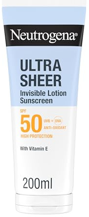 Neutrogena – Lait Solaire invisible Ultra Sheer SPF 30 UVB + UVA (200 ml) – Crème solaire visage et corps antioxydante – Sec au toucher, absorption rapide, résiste bien à la transpiration et à l’eau