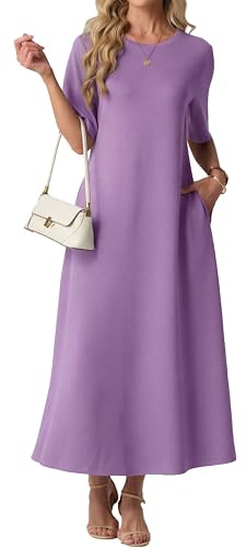 GRECERELLE Women Dresses Crew Neck Short Sleeve Loose Maxi Dress with Pockets Ladies Casual Dresses A Line Elegant for Summer Spring Party Weddings Holidays