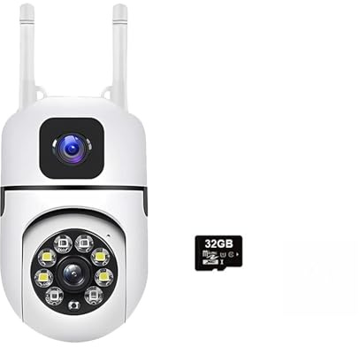 LNHHG Caméra IP WiFi à Double Objectif et Double écran, Protection de sécurité, Moniteur d'intérieur sans Fil, Suivi Automatique, vidéosurveillance PTZ(Camara 32GB Card)