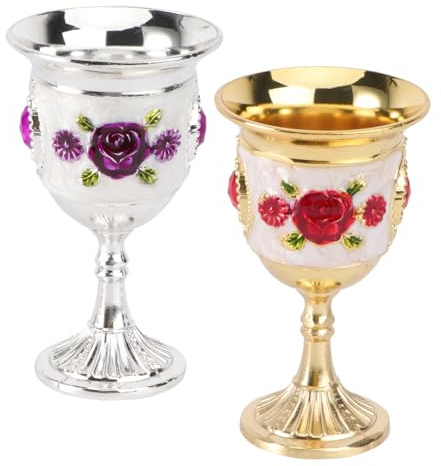 Sosoport Lot de 2 Gobelets à Vin en Alliage, Coupe à Pied pour Blanc, Design Créatif Argenté Fleurs Violettes et Doré Fleurs Rouges, Réutilisables et Décorations Élégantes pour Maison