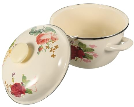 FUOYLOO Patterned Enamel Soup Pot Vintage Cooking Pot with Lid Double Handle 20Cm Milk Boiling Pan for Instant Noodles and Desserts