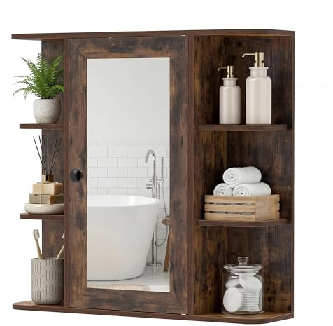 CASART Bathroom Mirror Cabinet, Wall Mounted Storage Cupboard with Single Door and Open Shelves, Wooden Medicine Cabinet Display Organizer Unit for Kitchen Living Room (Rustic Brown, 66 x 16.5 x 63cm) | with Single Door and Open Shelves, Wooden Medicine Cabinet Display Organizer Unit for Kitchen Living Room (66 x 16.5 x 63cm)