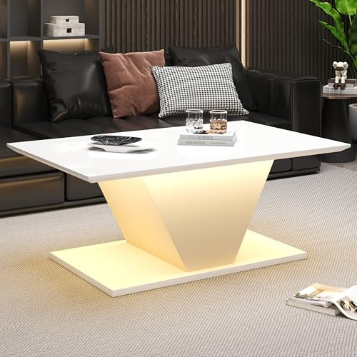 Anself LED beleuchteter Couchtisch 100x50x46cm, weiß, Hochglanz, für kleine Wohnzimmer