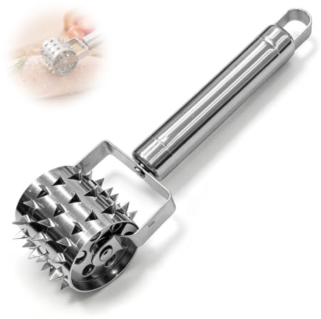 Martillo Ablandador de Carne de Acero Inoxidable 19cm para Cocina Casera | 360° rodillo con púas, mango ergonómico antideslizante, orificio para colgar