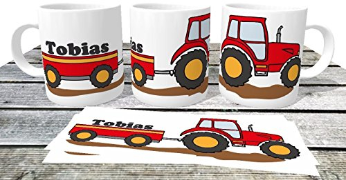Kindertasse roter Traktor mit Namen Trecker Schlepper Kiga Tasse für kleine Landwirte Treckerfahrer