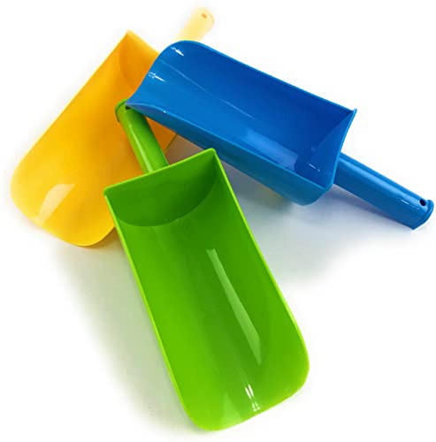 Matty's Toy Stop 9 Kids Short Handle Sand Scoop Plastic Shovels for Sand & Beach (Yellow, Blue & Green) Gift Set Bundle - 3 Pack