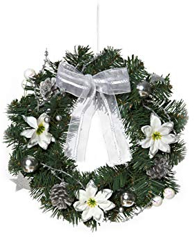 HEITMANN DECO Weihnachtskranz - Türkranz Wandkranz Weihnachten - dekorierter Kranz aus Tannenzweigen - Grün, Weiß, Silber, 32 x 32 x 10 cm