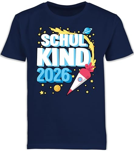 Kinder T-Shirt Jungen Schulanfang - Einschulung Junge - Schulkind 2026 - Rakete - 128 (7/8 Jahre) - Navy Blau - schulbeginn Geschenk Outfit 1.Schultag schulanfänger endlich Schule kindershirts