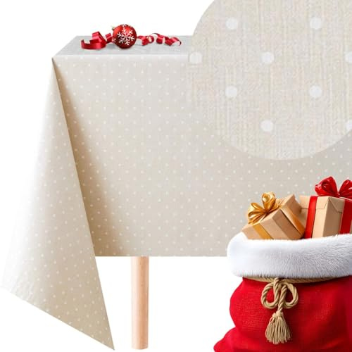 KP HOME Wipe Clean Tablecloth Polka Dot Beige With White PVC Table Cover - Square 140 x 140 cm - Reusable Wipeable Vinyl Table Cloth With Retro Cream Dotty Textured Print Waterproof