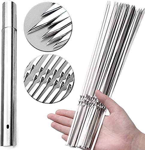 CenterZ 30 Pack Kebab Skewers, 15 Long Flat Stainless Steel BBQ Shish Kabob Skewers with Portable Metal Storage Tube, Reusable Meat Sticks Set for Grilling, Marshmallow, Vegetable, Shiskabob Barbecue