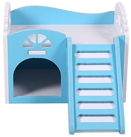 Maison de Hamster, Cabane pour Animaux de Compagnie en Plaque de Plastique en Bois, Petite Cachette pour Animaux Rat Villa, Cabane à Deux Couches pour Petits Animaux, équipée d'une échelle(Bleu)