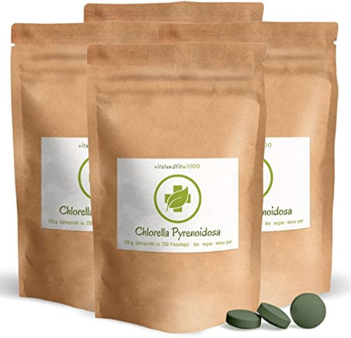Bio Chlorella Presslinge à 500 mg - (4 x 125 g = ca. 1000 Stück à 500 mg) - Naturprodukt - vegan/rein - gentechnikfrei - ohne Hilfs- und Zusatzstoffe - Deutsche Herstellung