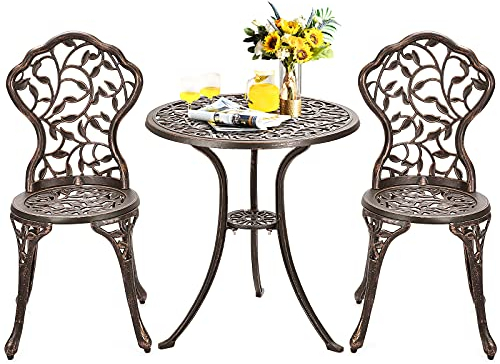 GIANTEX 3 TLG. Bistro Set, Bistrotisch mit 2 Stühlen, Gartenmöbel Set Alu, Gartenset Balkonset antik, runder Gartentisch, Balkonmöbel Set Garten Sitzgruppe 2 Sitzhocker Outdoor Bronze