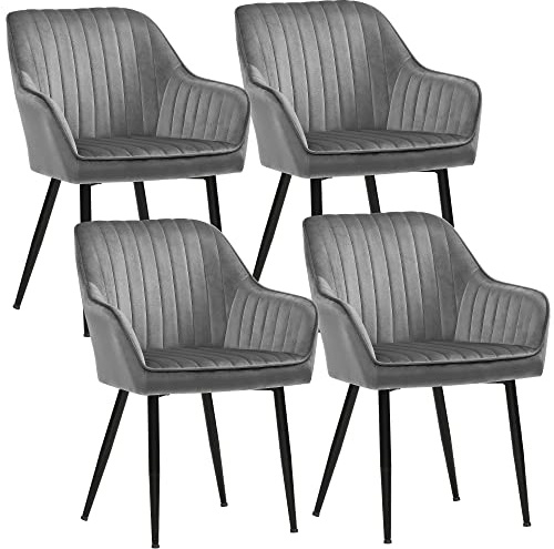 SONGMICS Esszimmerstuhl, 4er Set, Samt, Polsterstuhl mit Armlehnen | Küchenstuhl, Sessel, Loungesessel, Metallbeine, bis 120 kg belastbar, für Esszimmer, Küche, hellgrau-tintenschwarz