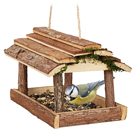 Relaxdays Mangiatoia per Uccelli Decorativa, Muschio e Corteccia, HLP 19x21x23 cm, Appendere, Giardino e Balcone, Natura