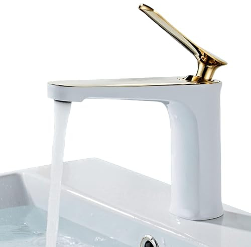 Wasserhahn, Weiß Gold G1/2 Vollkupfer-Einloch-Waschtischarmatur, Moderner Heiß-Kalt-Mischwasserhahn BadezimmerzubehöR, Wasserhahn Bad-Mischbatterie, Armatur für Waschbecken Badezimmer