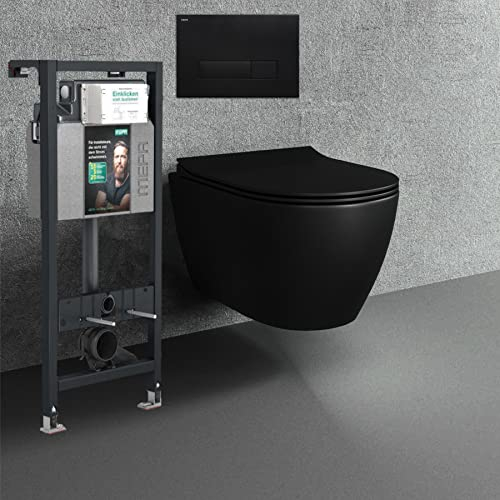 Spülrandloses Hänge WC Komplettset I schwarz matt I randloses Wand WC mit Mepa nextVit Spülkasten I Tiefspül WC I Deckel mit Absenkautomatik I Hänge Toilette Mepa Orbit Drückerplatte Vorwandelement