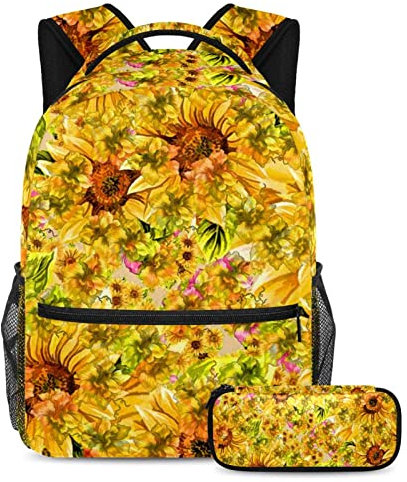 VAPOKF Hand Paint Yellow Sunflower S School Bag Set for Teen Girls Boys Kids, Student Bookbag Backpack Rucksack with Pencil Case for Primary Secondary Junior
