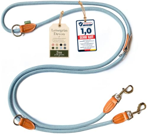Leisegrün Nylon Hundeleine 3m Große Hunde - Verstellbar, 2 Karabiner | Führleine, Freihandleine & Umhängeleine | Paracord & Wasserfest | Farbe: Hellblau