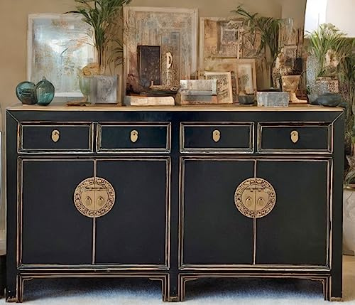 OPIUM OUTLET Kinesisk skänk svart orientalisk byrå serveringsbord buffé möbler skåp asiatisk bröllopsskåp vintage antik stil shabby chic