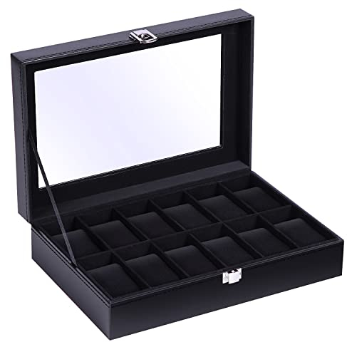 Ohuhu Uhrenbox mit 12 Fächern, Watch Box Uhren Aufbewahrungsbox mit Glasdeckel & Metallschnalle, Uhren Box aus PU Leder und Samt Innenfutter, Uhrenbox Herren Frauen, Geschenk für Weihnachten