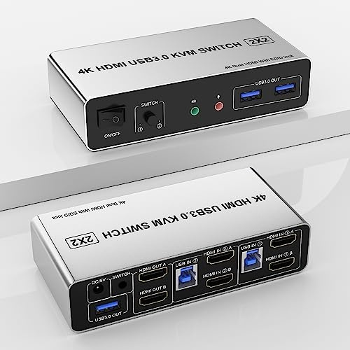 USB 3.0 KVM Switch Dual HDMI 2 Port, Unterstützt EDID, 4K@60Hz für 2 PC auf 2 Monitore Mit 3 USB 3.0 Ports und Audio Mikrofon Ausgang, PC Tastatur Maus Switcher