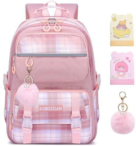 KEBEIXUAN Schulrucksack Mädchen, 25L Rucksack Kinder mit Brustgurt, Leichter Schultasche für Grundschule (1.-5. Klasse) & Teenager, Tagesrucksack für Schule und Freizeit, Rosa