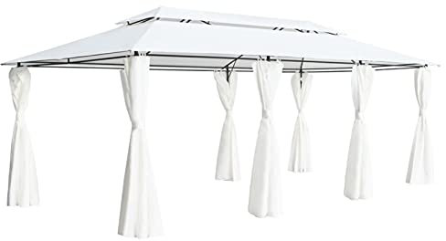 Homgoday Tonnelle avec rideaux 600 x 298 x 270 cm Blanc 180 g/m² Abri de jardin extérieur pour terrasse, jardin et pelouse Tente de fête Chapiteau Auvent Tente d'événement