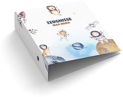 Ringordner | Ordner | mit Name + Text personalisieren | Weltraum | Weltall | Zeugnisse | Mit Griffloch | für DIN A4 | 7,4 cm breit | Zeugnismappe | Zeugnis | Kindergarten