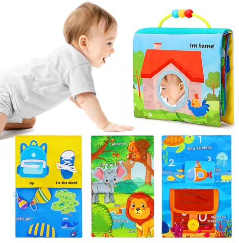 URMYWO Juguete con Espejo para bebé con Libro crujiente, Negro y Blanco, Juguete para morder bebé 0, 3, 6, 9 Meses, Libro de Contraste, Colores de Aprendizaje, Juguetes sensoriales para bebés (Azul)