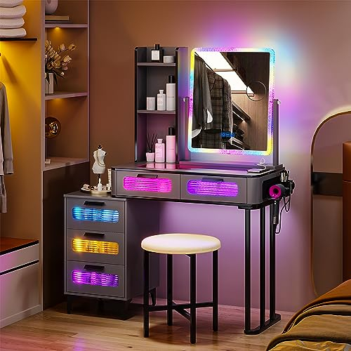 Lvifur RGB Schminktisch Mit Kabellosem Laden und USB Anschluss,Schminktische mit Siebenfarbig dimmbar,Schlafzimmer Schminktisch mit Gepolsterter Hocker,5 Schublade