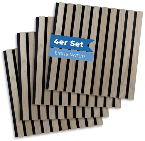 PROVISTON Akustikpaneele Holz 3D Wandpaneele Eiche Natur 40 x 40 cm 21 mm MDF Holzlamellen auf Filz schallabsorbierend, Wanddeko Wohnzimmer, Schlafzimmer, Küche - 4er Set