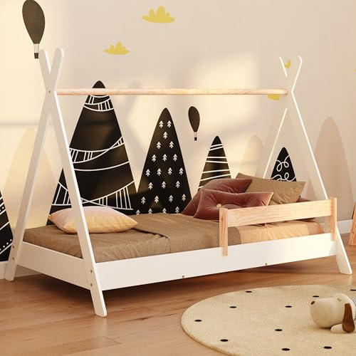 smartwood Hausbett 90x200 - Kinderbett Tipi Weiß aus Kiefernholz mit FSC-Zertifikat - Rausfallschutz & Lattenrost bis zu 230 kg für Jungen und Mädchen - Einfache Montage