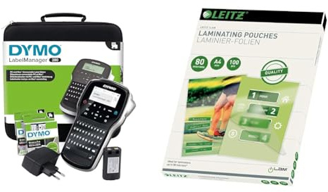 DYMO LabelManager 280 Tragbares Beschriftungsgerät im Koffer Wiederaufladbares Etikettiergerät & Leitz Heißlaminierfolien A4 80 mic