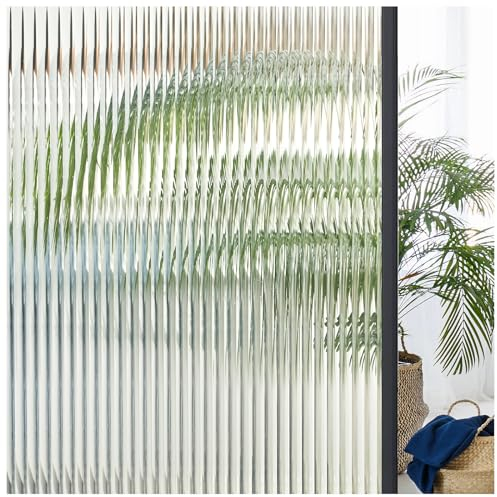 Lifetree Fensterfolie Blickdicht Selbstklebend Sichtschutzfolie Streifen Schilfglas-Effekt Milchglasfolie Statisch haftenden Anti-UV Mit Klebstoff Dekorfolie für Zuhause Büro 44.5x200cm
