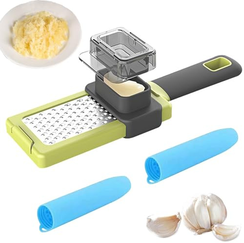Eiflayn Knoblauchreibe,Knoblauchpresse und 2 Knoblauch Schäler,Garlic Press mit Knoblauchschäler, Knoblauchschneider mit Schutzabdeckung und Gummigriff,Knoblauch Reibe,leicht zu sauber