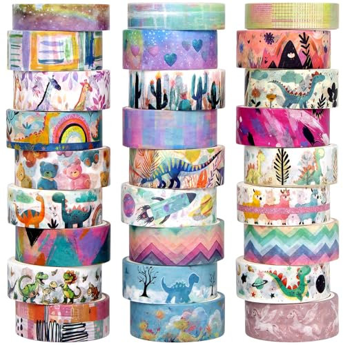 Jniseger Washi Tape Set 27 Rolls.Nettes Dinosaurier farbiges dekoratives Band für Kinder, Klebeband für Journaling, Scrapbooking Zubehör, DIY Handwerk, Junk Journal, Schulbedarf